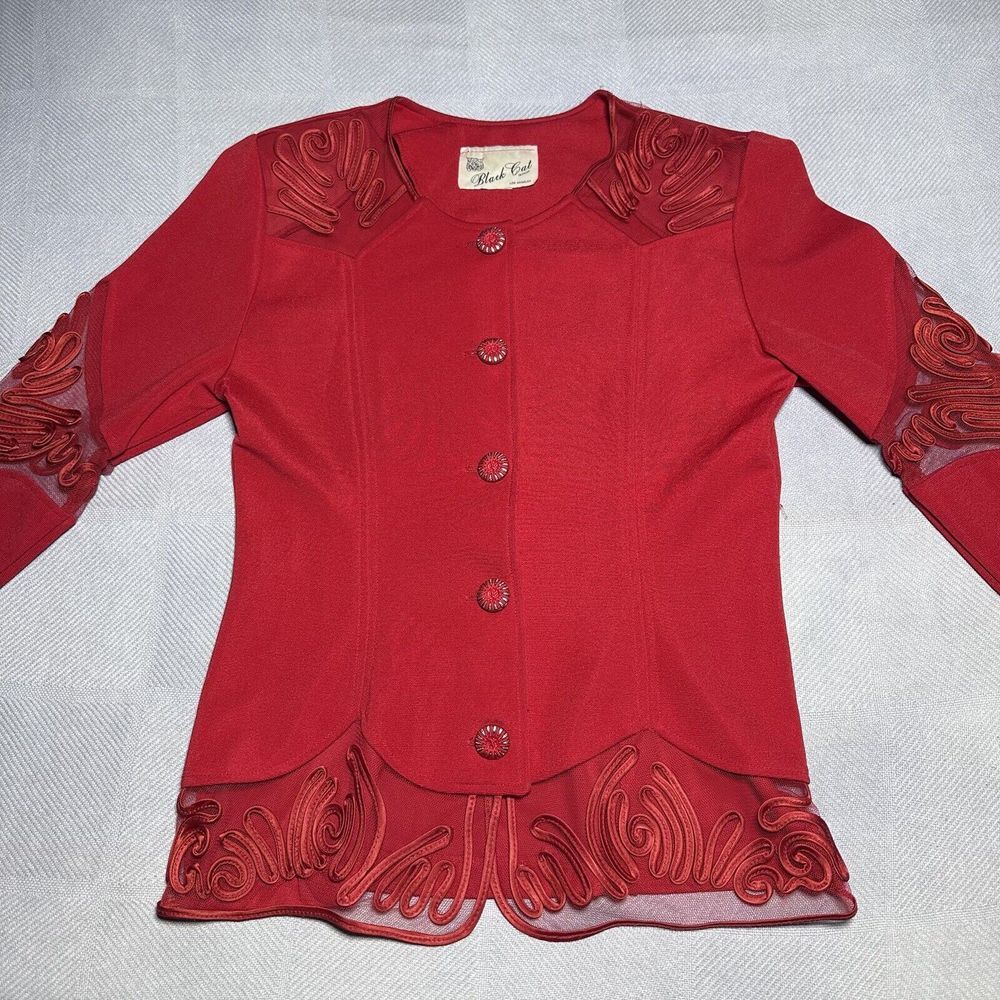 Vintage 1980s Black Cat Fashion Red Mesh Accent Blazer Top Women's Size Medium - Picture 2 of 15
